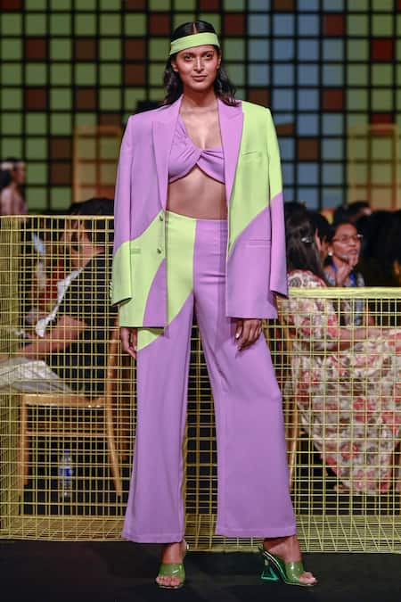 Nirmooha_Purple Micro Plain Notched Lapel Collar Colorblock Blazer_Online_at_Aza_Fashions