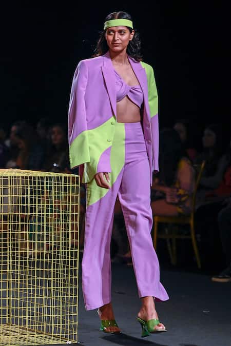 Buy_Nirmooha_Purple Micro Plain Notched Lapel Collar Colorblock Blazer_Online_at_Aza_Fashions