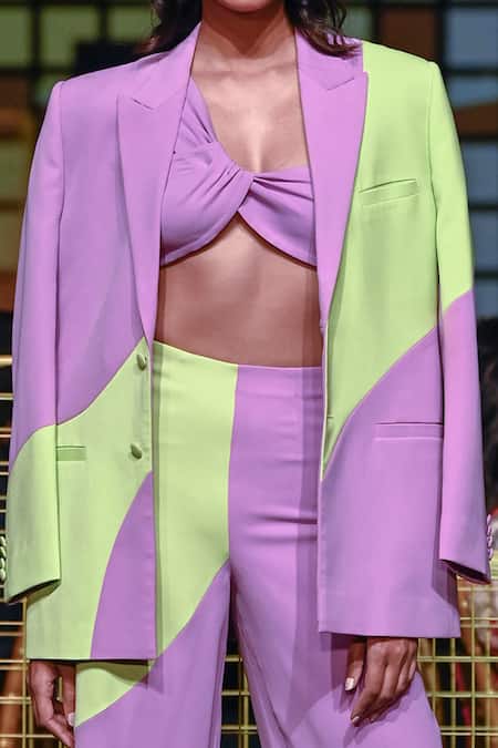 Buy_Nirmooha_Purple Micro Plain Notched Lapel Collar Colorblock Blazer