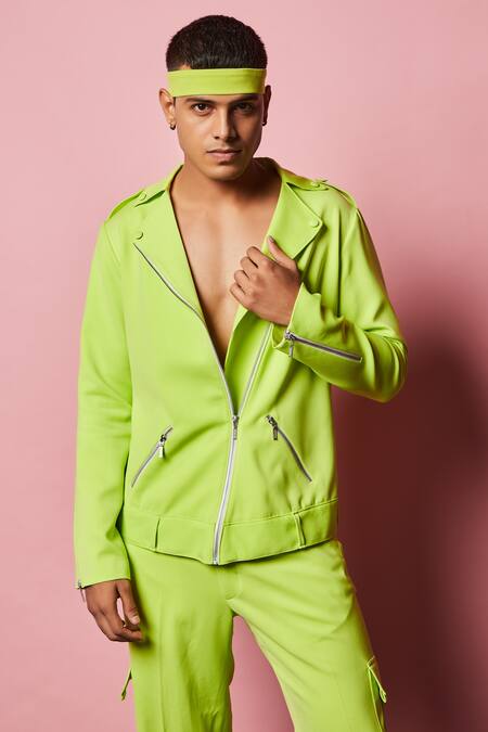 Shop_Nirmooha_Green Micro Biker Jacket _Online_at_Aza_Fashions