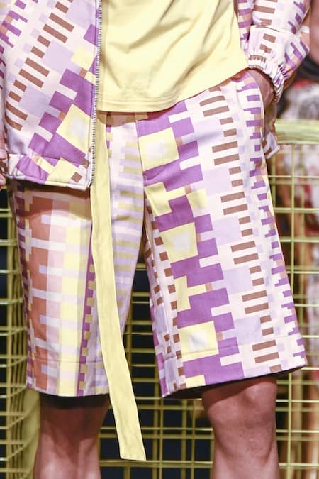 Nirmooha_Multi Color Denim Geometric Pattern Print Shorts _at_Aza_Fashions