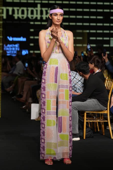 Nirmooha_Multi Color Lurex Geometric Pattern Plunge Neck Print Jumpsuit _Online_at_Aza_Fashions