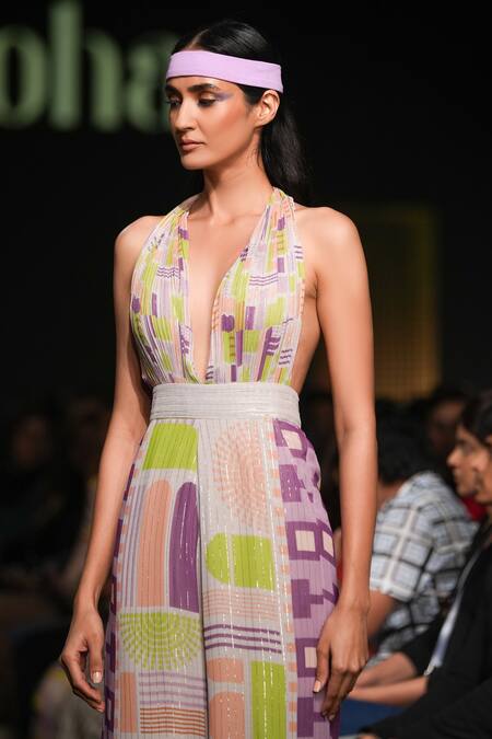 Nirmooha_Multi Color Lurex Geometric Pattern Plunge Neck Print Jumpsuit _at_Aza_Fashions