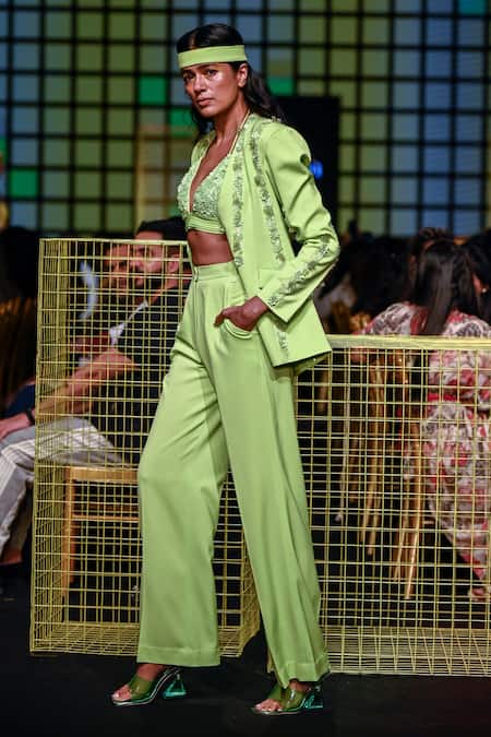 Nirmooha_Green Micro Plunge V Neck Hand Embroidered Bralette_Online_at_Aza_Fashions