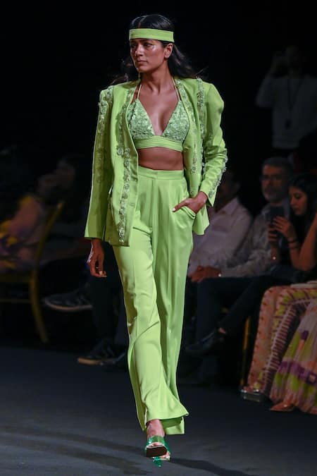 Buy_Nirmooha_Green Micro Plunge V Neck Hand Embroidered Bralette_Online_at_Aza_Fashions