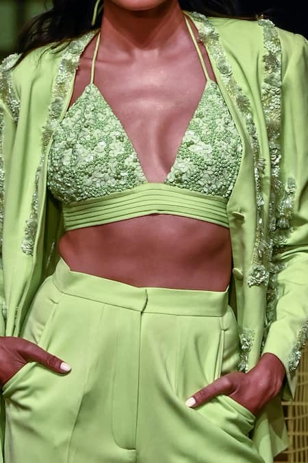 Shop_Nirmooha_Green Micro Plunge V Neck Hand Embroidered Bralette_Online_at_Aza_Fashions