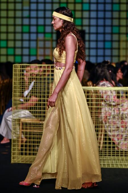 Nirmooha_Yellow Lurex Sequins, Beads V Neck Hand Embroidered Draped Gown _Online_at_Aza_Fashions