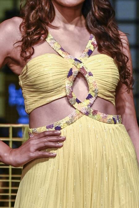Buy_Nirmooha_Yellow Lurex Sequins, Beads V Neck Hand Embroidered Draped Gown _Online_at_Aza_Fashions