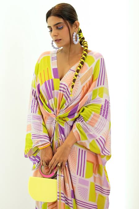 Nirmooha_Multi Color Geometric Pattern V Neck Print Kaftan _Online_at_Aza_Fashions
