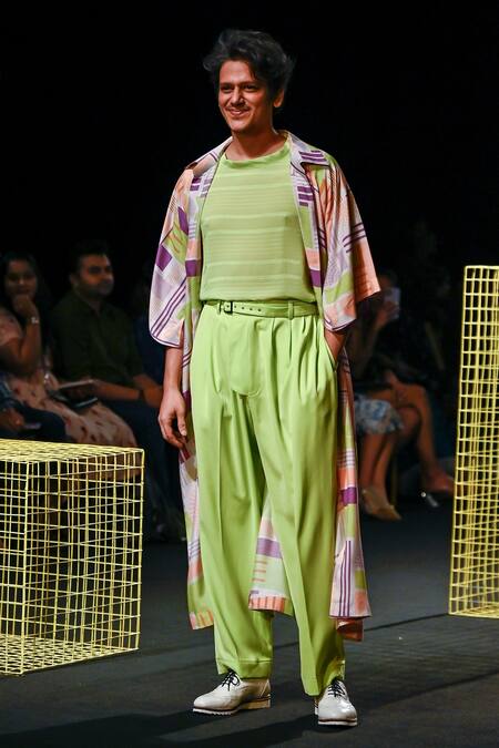 Buy_Nirmooha_Green Georgette Stripes T-shirt _Online_at_Aza_Fashions