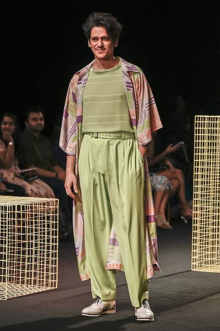 Buy Nirmooha Green Micro Straight Pant With Belt Online at Aza Fashions Buy_Nirmooha_Green Micro Straight Pant With Belt _Online_at_Aza_Fashions