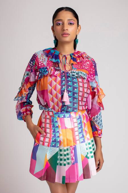 Buy_Pankaj & Nidhi_Multi Color Chiffon Tie-up Graphic Print Top _Online_at_Aza_Fashions