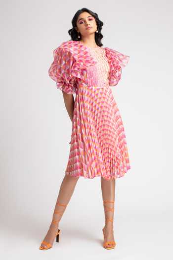 Shop Pankaj & Nidhi Pink Chiffon Round Pleated Organza Dress Online at Aza Fashions Shop_Pankaj & Nidhi_Pink Chiffon Round Pleated Organza Dress _Online_at_Aza_Fashions