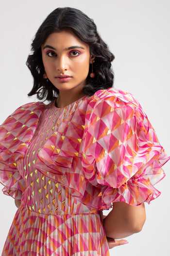 Pankaj & Nidhi Pink Chiffon Round Pleated Organza Dress at Aza Fashions Pankaj & Nidhi_Pink Chiffon Round Pleated Organza Dress _at_Aza_Fashions