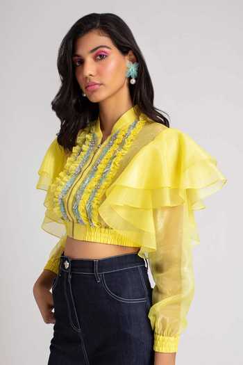 Pankaj & Nidhi_Yellow Silk Organza Mandarin Collar Hand Embellished Crop Top _Online_at_Aza_Fashions