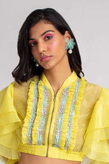 Buy_Pankaj & Nidhi_Yellow Silk Organza Mandarin Collar Hand Embellished Crop Top _Online_at_Aza_Fashions