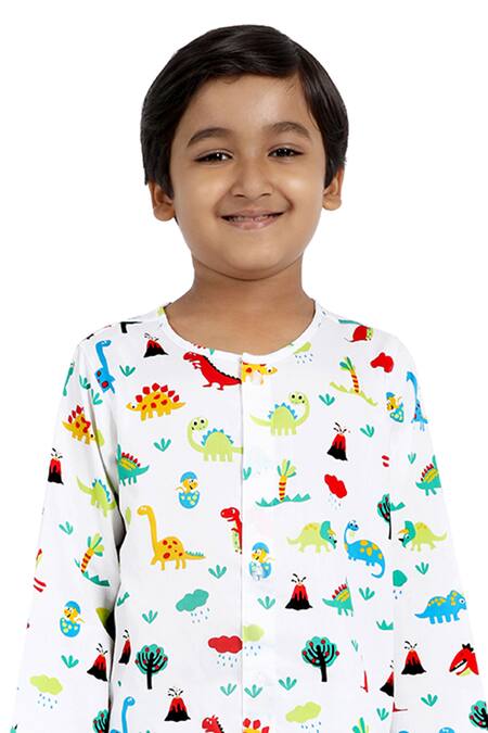 Nigh Nigh_White Cotton Printed Night Suit Set _Online_at_Aza_Fashions