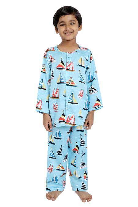 Nigh Nigh Blue Cotton Printed Night Suit Set 