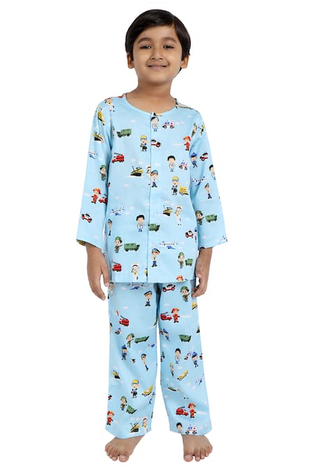 Nigh Nigh Blue Cotton Printed Night Suit Set 