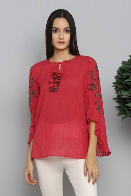 RANNA GILL Red Dobby Hand Embellished Top 3