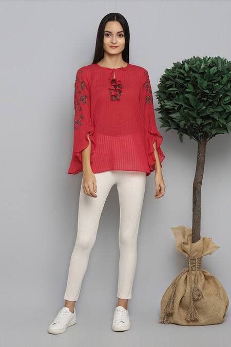 RANNA GILL Red Dobby Hand Embellished Top 4