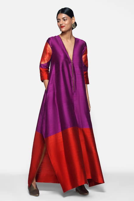 Payal Khandwala Purple Handwoven Silk Floral V Neck Jumpsuit  