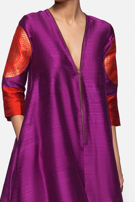 Payal Khandwala_Purple Handwoven Silk Floral V Neck Jumpsuit_at_Aza_Fashions