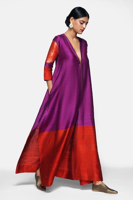 Buy_Payal Khandwala_Purple Handwoven Silk Floral V Neck Jumpsuit_Online_at_Aza_Fashions