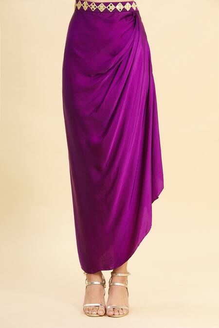 Shop_Preeti S Kapoor_Purple Tulle, Satin, Dupion Embroidered Cape And Draped Skirt Set _Online_at_Aza_Fashions