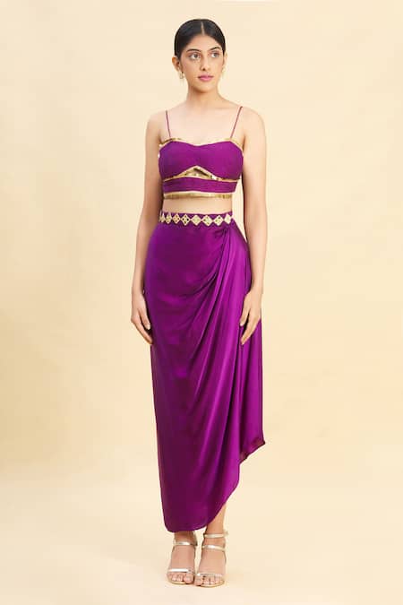 Preeti S Kapoor_Purple Tulle, Satin, Dupion Embroidered Cape And Draped Skirt Set _Online_at_Aza_Fashions
