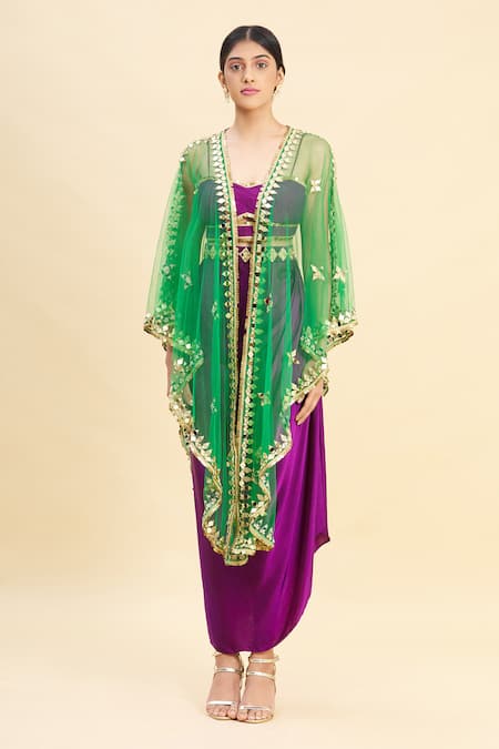 Buy_Preeti S Kapoor_Purple Tulle, Satin, Dupion Embroidered Cape And Draped Skirt Set _Online_at_Aza_Fashions