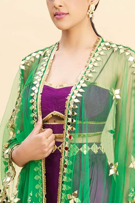 Preeti S Kapoor_Purple Tulle, Satin, Dupion Embroidered Cape And Draped Skirt Set _at_Aza_Fashions