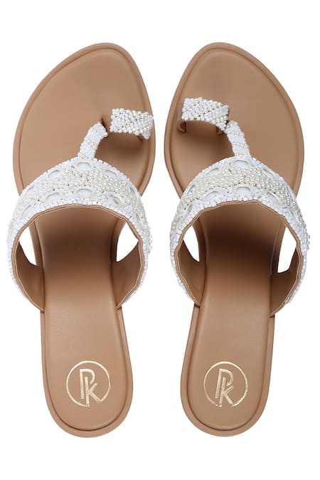 Shop_Preet Kaur_Beige Beads, Mirrors Embellished Kolhapuri Block Heels _at_Aza_Fashions
