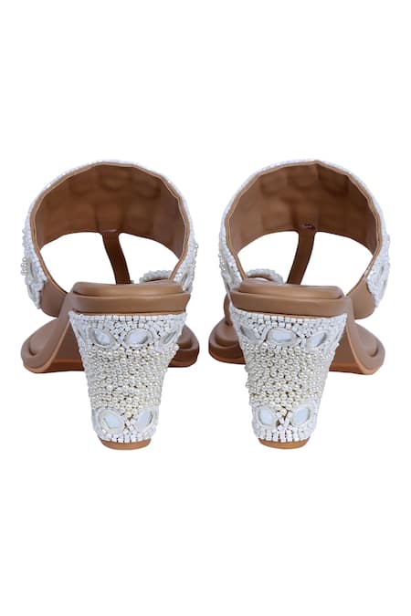 Preet Kaur_Beige Beads, Mirrors Embellished Kolhapuri Block Heels _Online_at_Aza_Fashions
