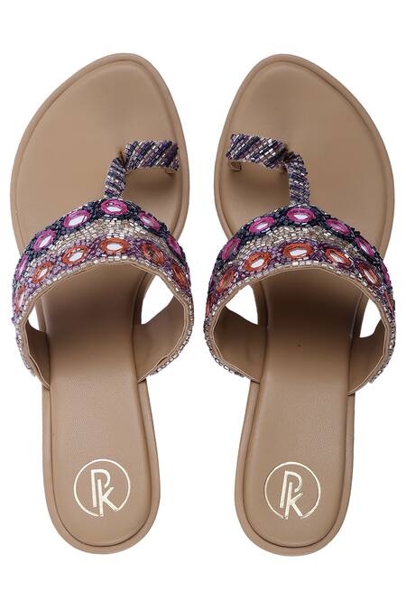 Shop Preet Kaur Beige Embroidery, Mirrors Embellished Kolhapuri Block Heels at Aza Fashions Shop_Preet Kaur_Beige Embroidery, Mirrors Embellished Kolhapuri Block Heels _at_Aza_Fashions