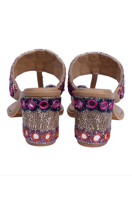 Preet Kaur_Beige Embroidery, Mirrors Embellished Kolhapuri Block Heels _Online_at_Aza_Fashions