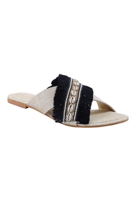 Buy White Embroidered Jute Cross Strap Fringe Sandals by PREET