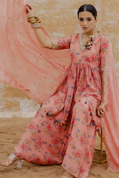 Pooja-Keyur Pink Floral Print Kurta Sharara Set