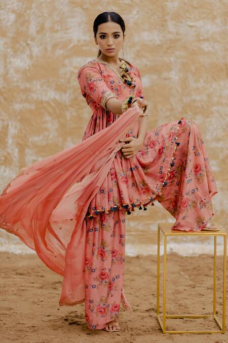 Pooja-Keyur Pink Floral Print Kurta Sharara Set Online at Aza Fashions Pooja-Keyur_Pink Floral Print Kurta Sharara Set_Online_at_Aza_Fashions