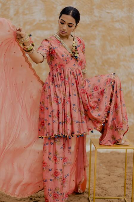 Buy Pooja-Keyur Pink Floral Print Kurta Sharara Set Online at Aza Fashions Buy_Pooja-Keyur_Pink Floral Print Kurta Sharara Set_Online_at_Aza_Fashions