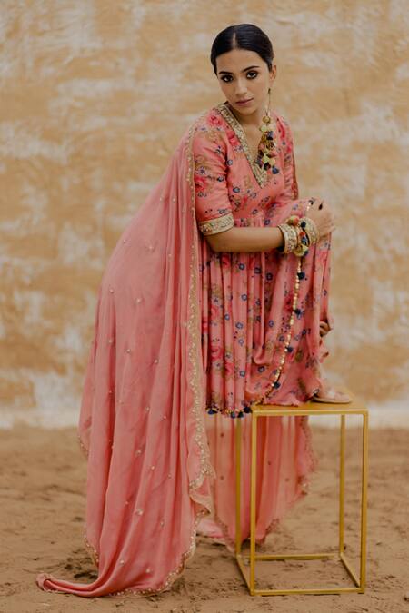 Shop Pooja-Keyur Pink Floral Print Kurta Sharara Set Online at Aza Fashions Shop_Pooja-Keyur_Pink Floral Print Kurta Sharara Set_Online_at_Aza_Fashions