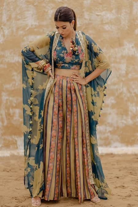 Pooja-Keyur Blue Bustier Floral Print Cape And Kurta Set