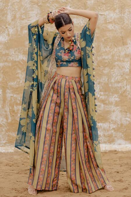 Buy Pooja-Keyur Blue Bustier Floral Print Cape And Kurta Set Online at Aza Fashions Buy_Pooja-Keyur_Blue Bustier Floral Print Cape And Kurta Set_Online_at_Aza_Fashions