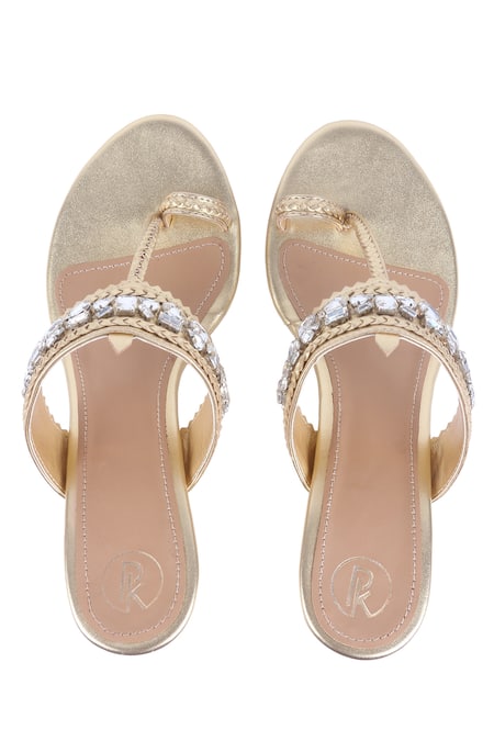 Shop Preet Kaur Gold Crystals, Cut Work Embroidered Kolhapuri Heels at Aza Fashions Shop_Preet Kaur_Gold Crystals, Cut Work Embroidered Kolhapuri Heels _at_Aza_Fashions