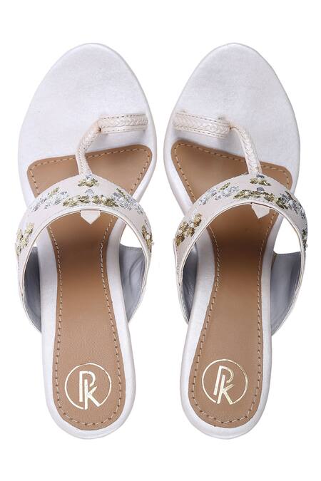 Shop Preet Kaur White Embroidery Floral Embellished Kolhapuri Heels at Aza Fashions Shop_Preet Kaur_White Embroidery Floral Embellished Kolhapuri Heels _at_Aza_Fashions