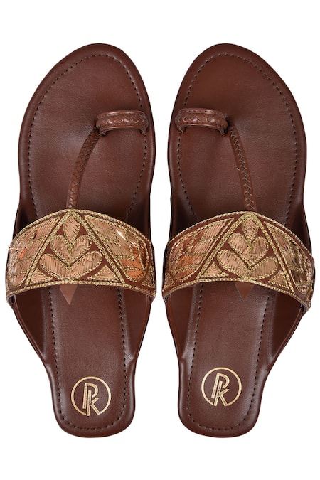 Shop Preet Kaur Brown Embroidery Floral Kolhapuri Sandals at Aza Fashions Shop_Preet Kaur_Brown Embroidery Floral Kolhapuri Sandals _at_Aza_Fashions