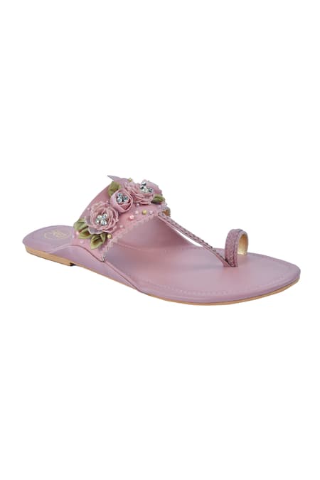 Shop Preet Kaur Peach Embroidery Kolhapuri Sandals at Aza Fashions Shop_Preet Kaur_Peach Embroidery Kolhapuri Sandals _at_Aza_Fashions