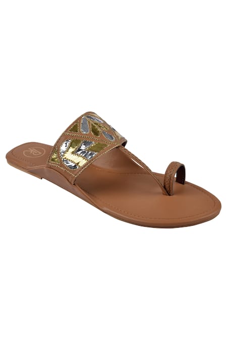 Preet Kaur Beige Embroidery Kolhapuri Sandals 