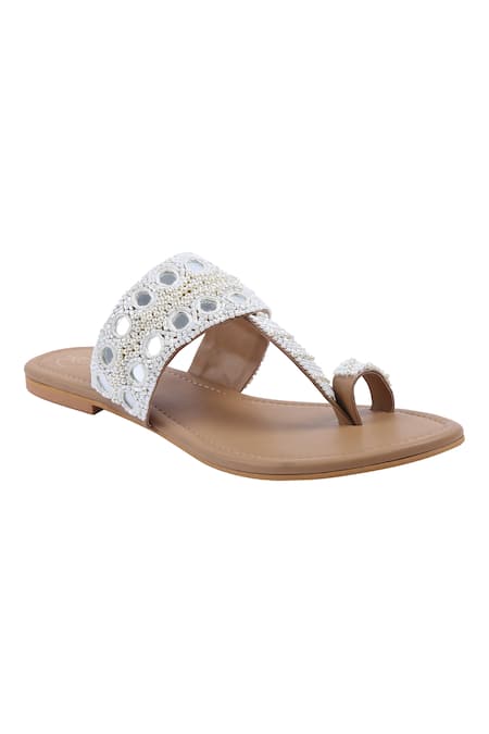 Preet Kaur Beige Embroidery Mirror Embellished Kolhapuri Sandals 