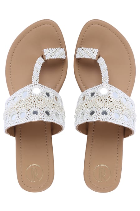 Shop_Preet Kaur_Beige Embroidery Mirror Embellished Kolhapuri Sandals _at_Aza_Fashions